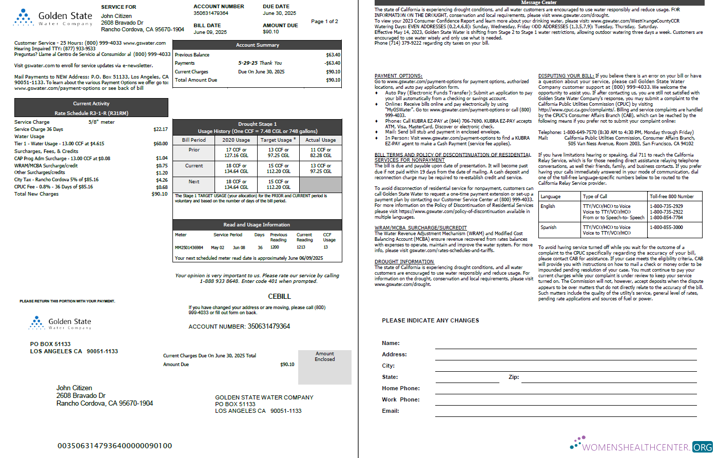 download USA Golden State Water Company utility bill template in Word and PDF formats, 2 pages PDF template
